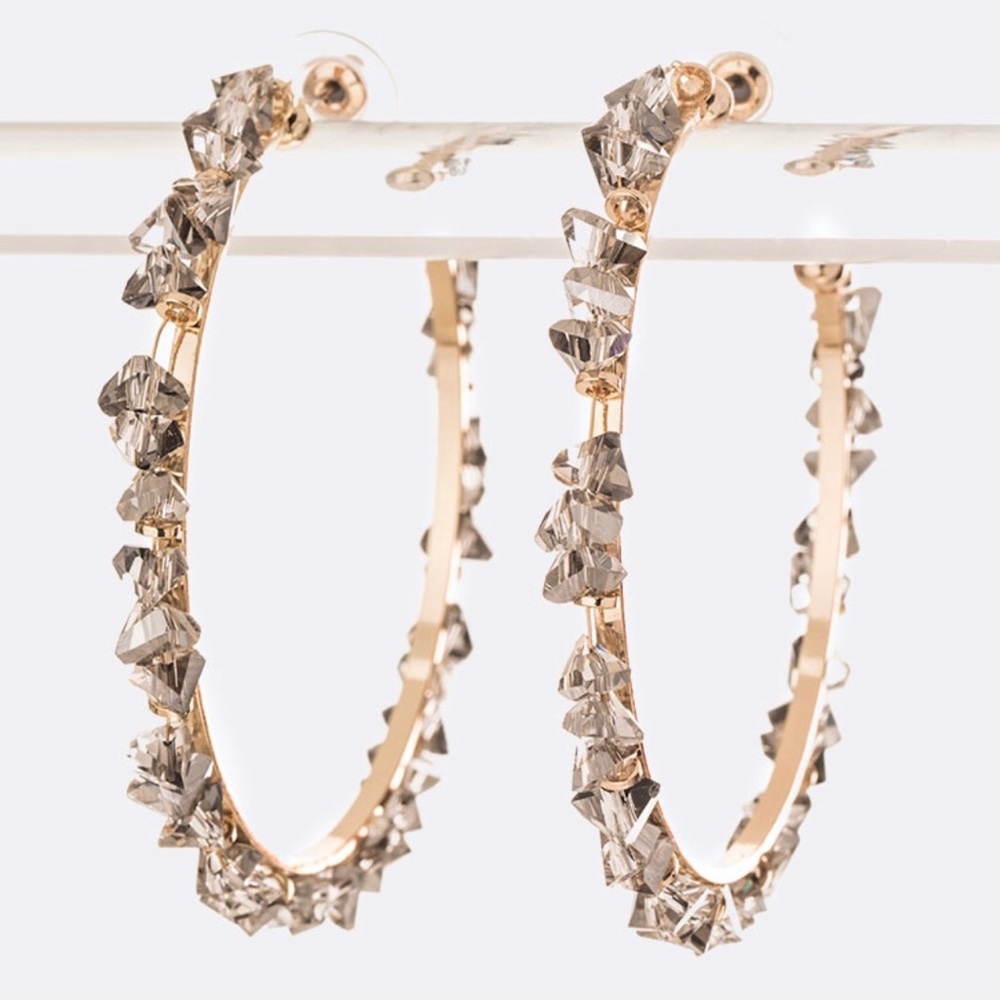 Beaded Hoop Earrings - Smokey Grey / Gold